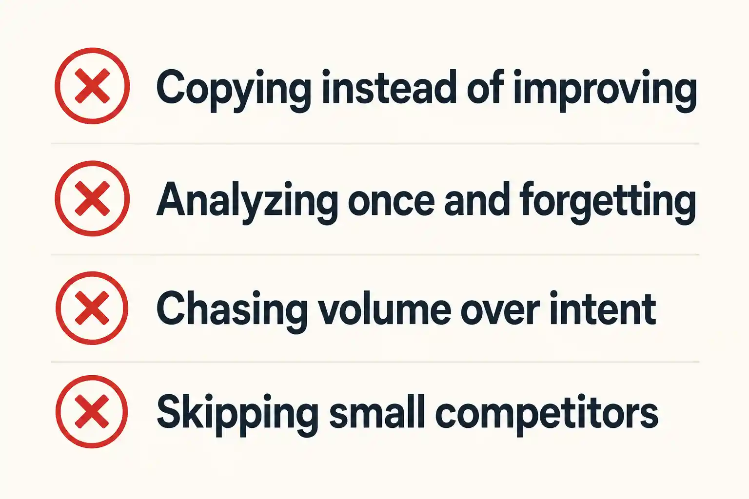 Four common competitor analysis mistakes to avoid, shown as a warning checklist